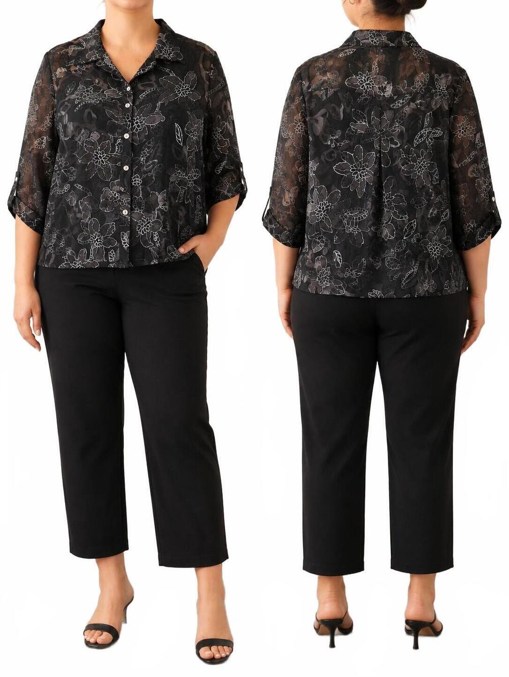 Choices Blouse Featuring A Black And Charcoal Floral Print With White Outlined F